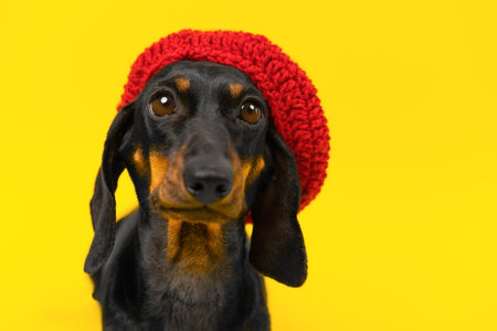 Funny ridiculous puppy in red knitted beret on yellow background looks with pathetic look, waiting walk. Dog advertises clothing for pet. Ridiculous dachshund staring curiously Fashion creative imageの写真素材