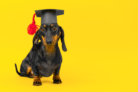 smart dog in an academic cap with a tassel sits on a yellow background. Student in uniform at graduation party of school, university, college. Training and educationの写真素材