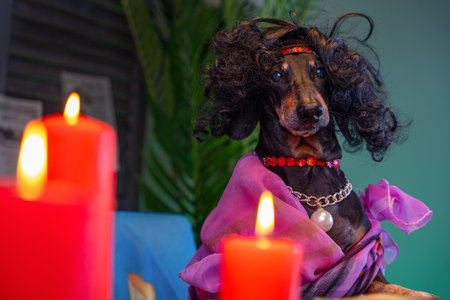 Fortune teller dog predicts fate, mysticism Burning candles, Close-up portrait of dachshund in wig, extravagant bright clothes, jewelry, mysterious image of esoteric, tarologist, predictor of futureの写真素材