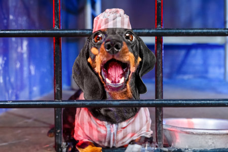 Dachshund dressed as a prisoner yelling from behind prison bars, with a comical and mischievous expressionの写真素材