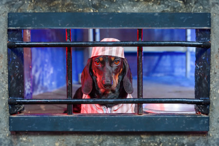 Portrait of dachshund dog, prisoner in striped robe, looks doomedly out window with metal grill, punishment, retribution for prank Pet sitting in prison, remorse, lonely guilty look Dog catching, cageの写真素材