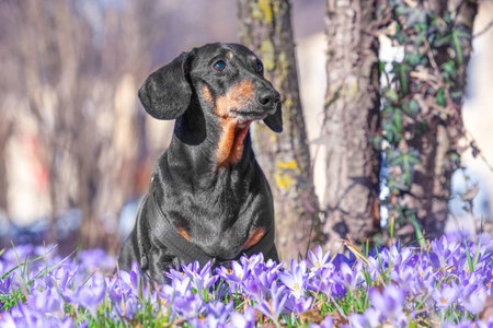 Portrait of dog with proud profile on walk in forest in a clearing of blooming lilac crocuses Dachshund in harness walks in park on lawn of flowers, near tree trunk, looking thoughtfully into distanceの写真素材