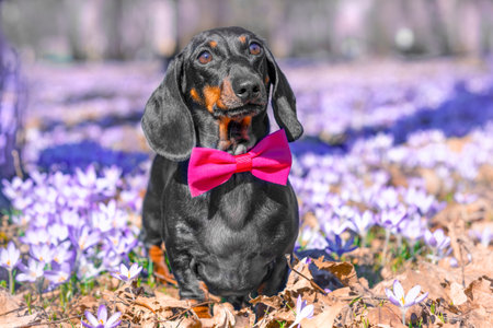 Dachshund dog in bright bow tie stand in clearing of blooming crocuses on walk on sunny spring day Puppy celebrate birthday in park in nature, accepts gift, congratulations on holiday Mother day cardの写真素材