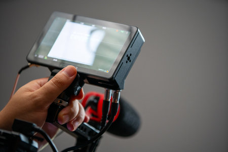 Hand of operator, photographer, videographer holds in hand black plastic remote monitor for video cameras looks at frame on enlarged conveniently located screen Professional accessories for shootingの写真素材
