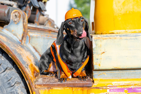 Dachshund dog driver in orange vest uniform, helmet sitting on step of old rusty tractor resting on break, basking in sun, showing his face Ad for agricultural machinery repair, harvesting, leasingの写真素材
