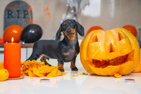 Dachshund celebrating halloween with carved pumpkin and festive decor.の写真素材