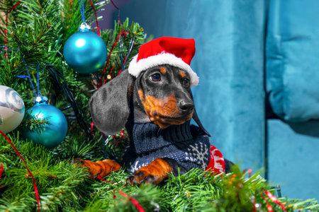 Festive dachshund in santa hat and sweater poses by christmas tree.の写真素材