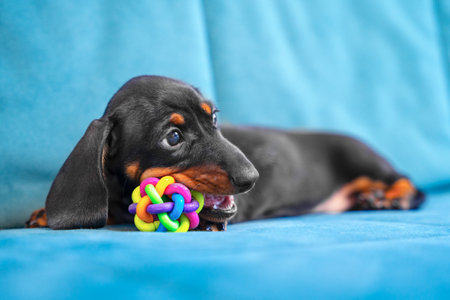 Adorable dachshund puppy with colorful toy relaxing on blue sofa.の写真素材