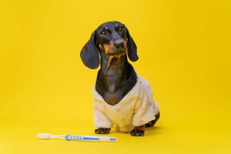 Cute dachshund wearing a robe poses with a toothbrush on a vibrant yellow background, promoting pet dental care.の写真素材