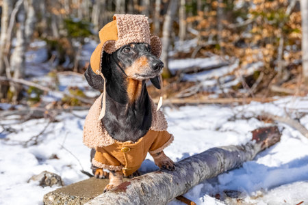 A dachshund wearing a cozy winter coat stands on a log in a snowy forest. the scene charm and humor of a dressed pet enjoying a chilly outdoor adventure.の写真素材