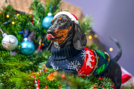 Festive dachshund in holiday sweater by christmas tree with ornaments. naughty puppy drops christmas tree and sticks out tongueの写真素材