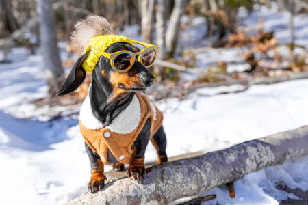 A fashionable dachshund dressed in a cozy coat, hat, and sunglasses soaks up the sun on a snowy day, blending fashion with fun in a winter wonderland.の写真素材