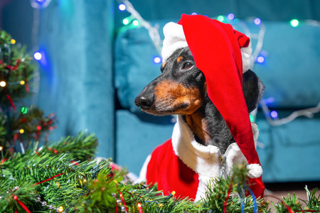 Dachshund in santa costume celebrating christmas by the tree.の写真素材