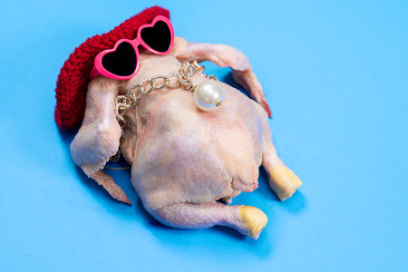 A fun, humorous dressed chicken wearing pink heart sunglasses and jewelry on a blue background. perfect for creative, unique, and quirky concepts in food or lifestyle themes.の写真素材