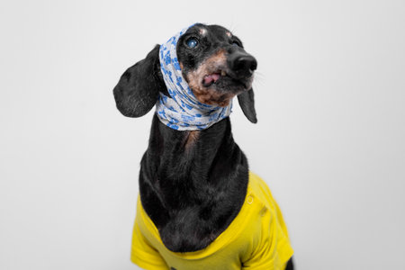 A cute dachshund wearing a yellow t-shirt and blue headband gazes upward. the white background enhances the dogs black fur and playful expression.の写真素材