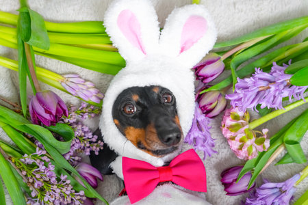 Cute dog dressed as a bunny with a red bow tie, nestled among vibrant tulips and hyacinths on a soft...