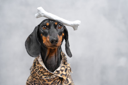 A cute dachshund dog balances a bone on its head while dressed in a stylish leopard print outfit. capturing a moment of canine charm and fashion against a plain background.の写真素材