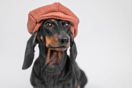 Black and tan dachshund dog sits against a white background wearing a textured brown wool flat cap looking off to the side with a neutral expressionの写真素材
