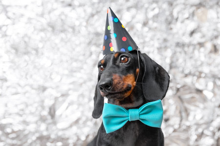 A black and tan dachshund wearing a blue bow tie and a black party hat with colorful polka dots poses in front of a crinkled silver festive backgroundの写真素材