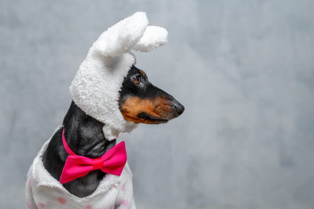A black and tan dachshund wearing a white bunny ear costume and a bright pink bow tie poses against a gray studio backgroundの写真素材