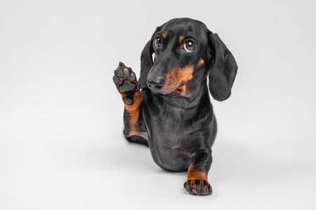 A black and tan dachshund raises its front paw while sitting on a white background, appearing attentive and expressive with one paw liftedの写真素材