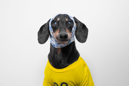 A black and tan dachshund wears a yellow T-shirt and has a blue and white fabric wrap around its ears while sitting upright against a plain white backgroundの写真素材