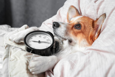 corgi dog comfortably lies in a bed, holding a black alarm clock while partially wrapped in a white blanket with a sleepy and relaxed expressionの写真素材