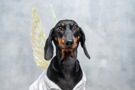 A black and tan dachshund wearing a white outfit with angel wings poses upright against a soft grey background with focused expression and gentle lightingの写真素材