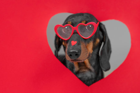 A dachshund with red heart-shaped sunglasses and a red heart sticker on its nose peers through a red heart-shaped cutout in a valentine-themed studio setupの写真素材