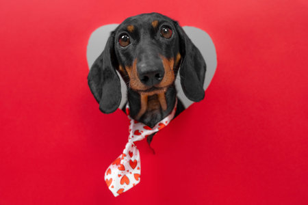 A black and tan dachshund wearing a white necktie with red hearts peers through a heart-shaped cutout in a red background with a focused and alert expressionの写真素材