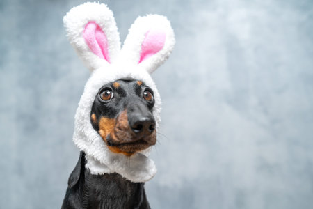 A black and tan dachshund wears a white and pink bunny ear costume while sitting in front of a textured gray background with a curious and calm expressionの写真素材