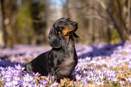 A black and tan dachshund sits among blooming purple flowers in a sunlit forest clearing with trees in the background on a bright spring dayの写真素材