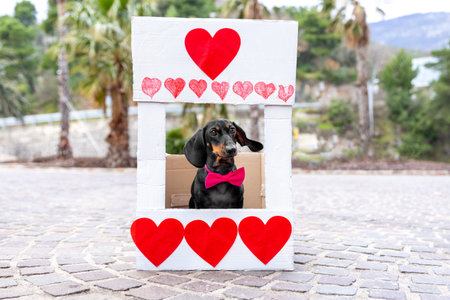A black and tan dachshund wearing a pink bow tie sits inside a white kissing booth adorned with red hearts, set outdoors on a cobblestone surface with trees in the backgroundの写真素材