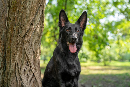 Close up portrait of a black shepherd dog beside a tree trunk, mouth open with tongue out and bright eyes, upright ears against soft green park bokeh in warm afternoon light showing shiny coatの写真素材