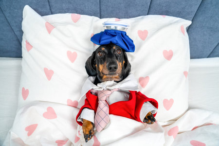 A dachshund dressed in a red jacket, pink tie, and blue cold compress lies under white blankets with heart prints, propped up on pillows as if resting in bedの写真素材