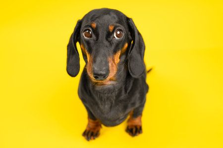 A black and tan dachshund sits looking directly upward on a solid yellow background with a curious expressionの写真素材