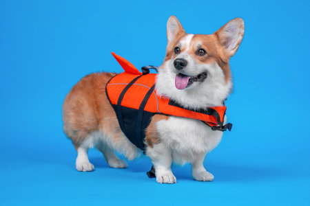 Full body pembroke welsh corgi dog standing in an orange flotation life jacket with black straps, mouth open and tongue out on a solid blue studio background, bright safety gear and cheerful stance