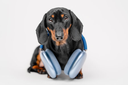 Dachshund dog sitting with big blue headphones on white background, playful pet scene, music lifestyle, tech humor, pop art mood.