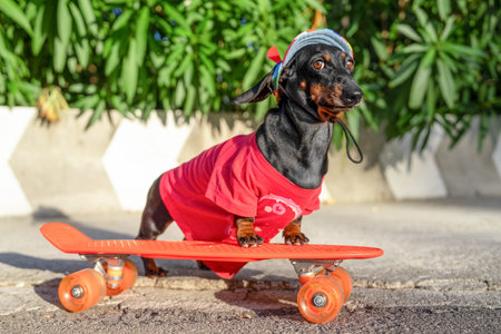Dachshund dog in red shirt riding orange skateboard from side view, fun street sport, pet performance concept, active animal lifestyle.