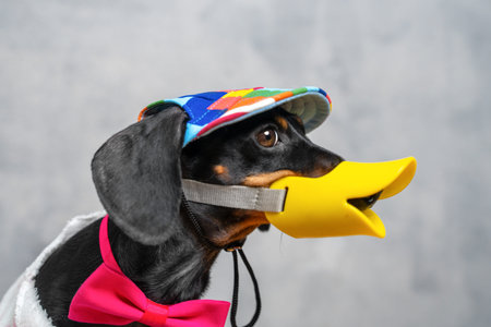 Dachshund dog wearing yellow duck beak muzzle and colorful cap with pink bandana on gray background, funny disguise humor concept.