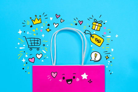 Pink kawaii smiling shopping bag on bright teal blue background surrounded by hand-drawn sale doodle icon, retail sale concept, cheerful commerce.
