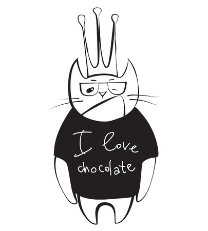 Cat cartoon character wearing black t-shirt scribed I love chocolateのイラスト素材