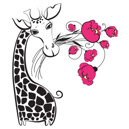 Cute black and white giraffe cartoon character with bunch of pink flowers のイラスト素材