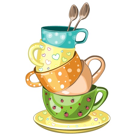 Stacked fancy multi-colored tea cups vector illustrationのイラスト素材