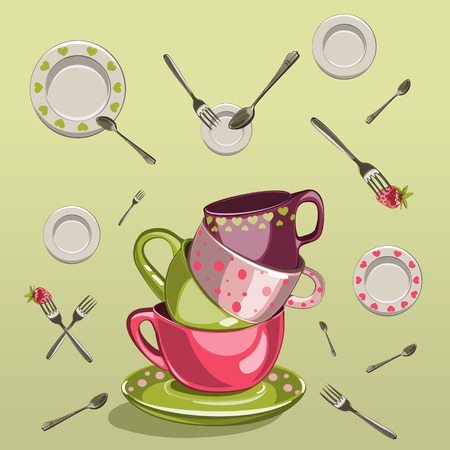 kitchen design set with cups, saucers, forks and spoonsのイラスト素材