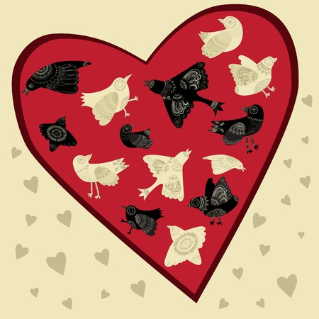 Set of black and white birds with ornate pattern in red heartのイラスト素材