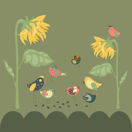 Vector cute colored birds are pecking sunflower seedsのイラスト素材