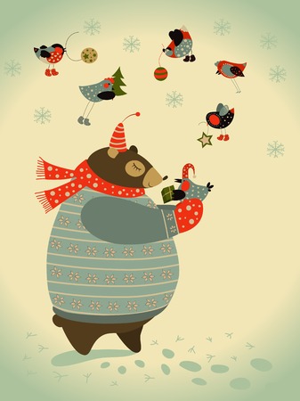 Vector cute bear and birds celebrate Christmasのイラスト素材