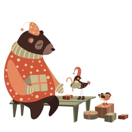 Vector cute bear and bird celebrate Christmasのイラスト素材