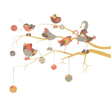 Vector cute birds on a branch celebrate Christmasのイラスト素材